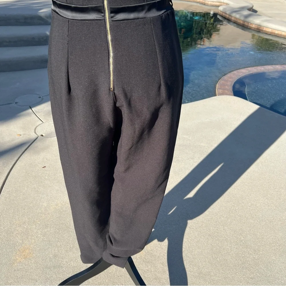 XOXO Black Tuxedo Jumpsuit Satin Lapel Sleeveless Evening Chic - Picture 12 of 17